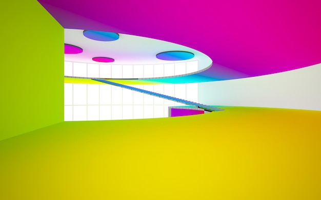 Abstract white and colored gradient glasses interior multilevel public space with window 3D