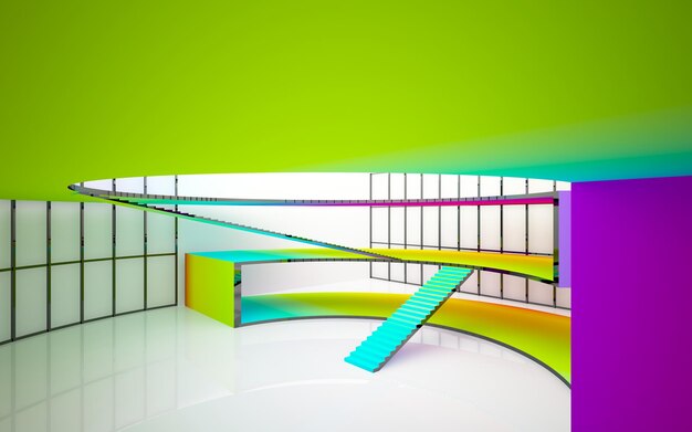 Abstract white and colored gradient glasses interior multilevel public space with window 3D