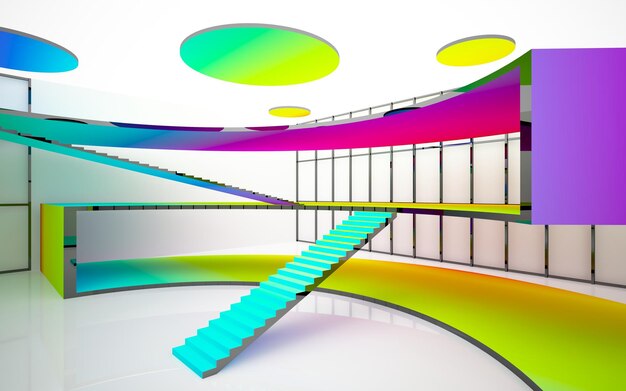 Abstract white and colored gradient glasses interior multilevel public space with window 3D