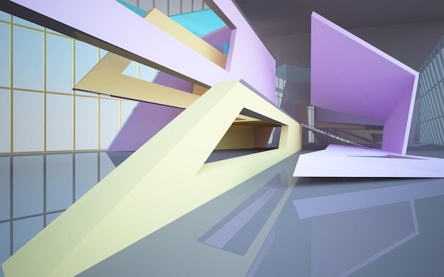 Abstract white and colored gradient glasses interior multilevel public space with window 3D