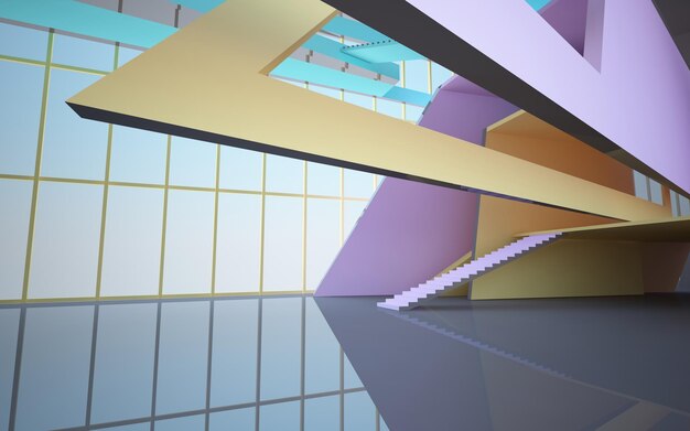 Abstract white and colored gradient glasses interior multilevel public space with window 3D