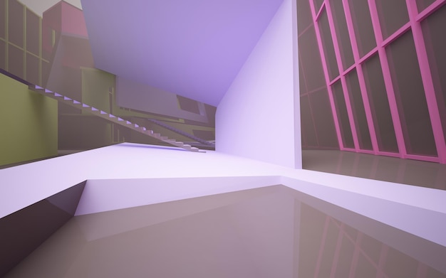 Abstract white and colored gradient glasses interior multilevel public space with window 3D