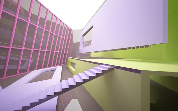 Abstract white and colored gradient glasses interior multilevel public space with window 3D