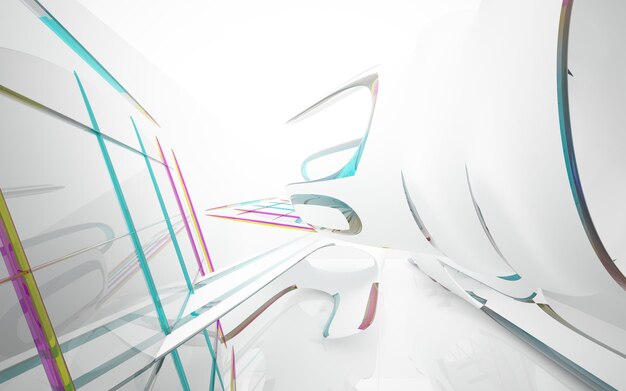 Abstract white and colored gradient glasses interior multilevel public space with window. 3D