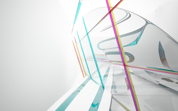 Abstract white and colored gradient glasses interior multilevel public space with window. 3D