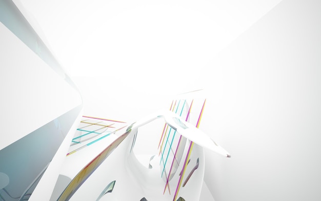 Abstract white and colored gradient glasses interior multilevel public space with window. 3D