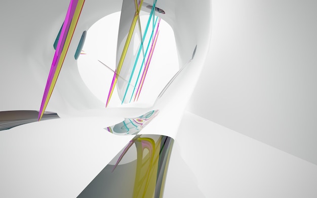 Abstract white and colored gradient glasses interior multilevel public space with window. 3D