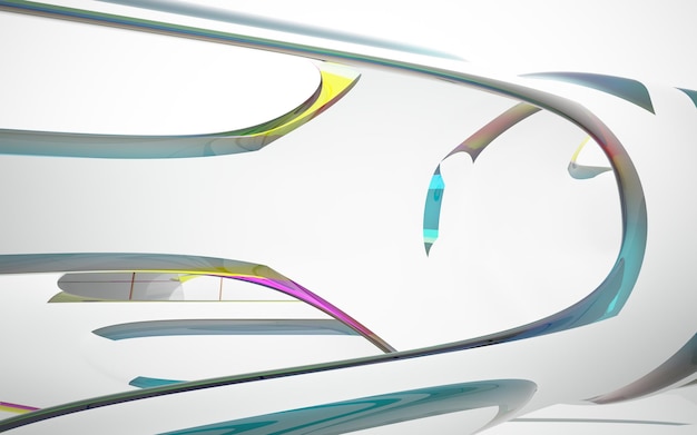 Abstract white and colored gradient glasses interior multilevel public space with window. 3D