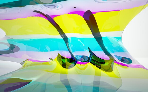 Abstract white and colored gradient glasses interior multilevel public space with window. 3D