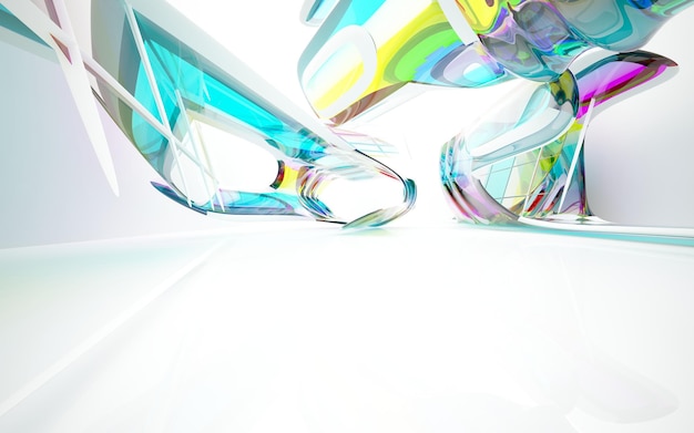 Abstract white and colored gradient glasses interior multilevel public space with window. 3D