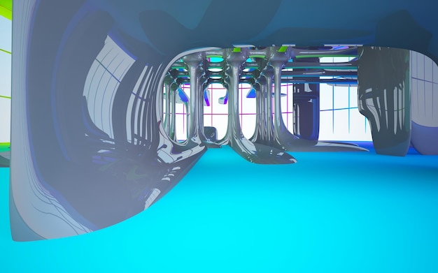 Abstract white and colored gradient glasses interior multilevel public space with window 3D