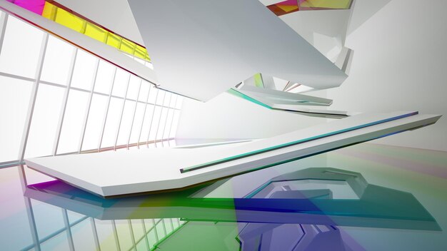 Abstract white and colored gradient glasses interior multilevel public space with window 3D