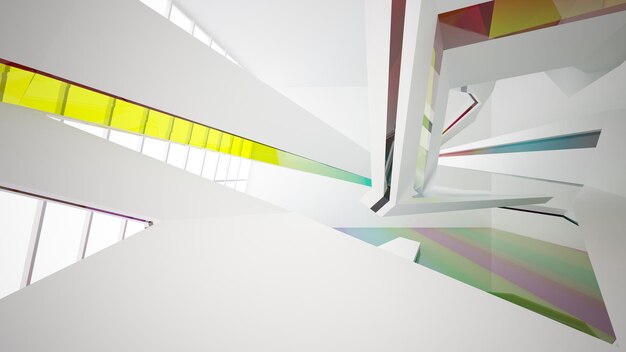 Abstract white and colored gradient glasses interior multilevel public space with window 3D