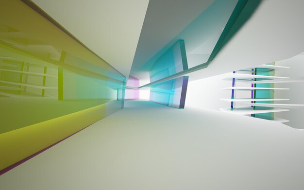 Abstract white and colored gradient glasses interior multilevel public space with window. 3D