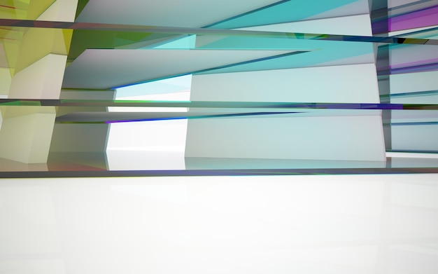 Abstract white and colored gradient glasses interior multilevel public space with window. 3D