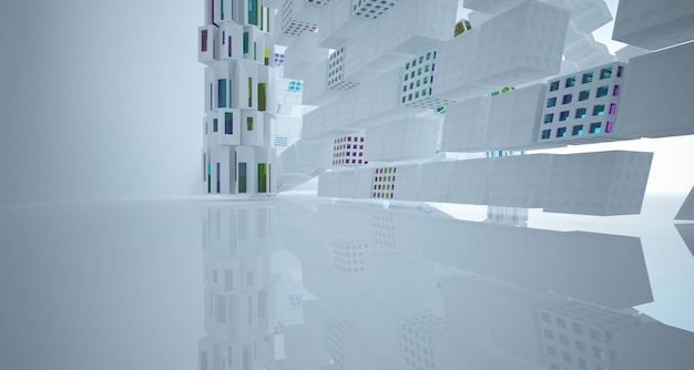 Abstract white and colored gradient glasses interior multilevel public space with window 3D