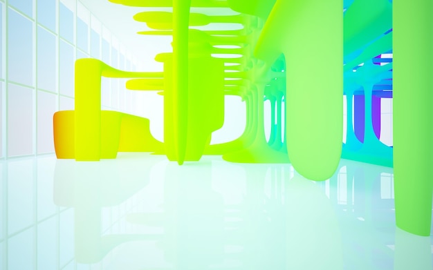 Abstract white and colored gradient glasses interior multilevel public space with window 3D