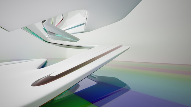 Abstract white and colored gradient glasses interior multilevel public space with window 3D