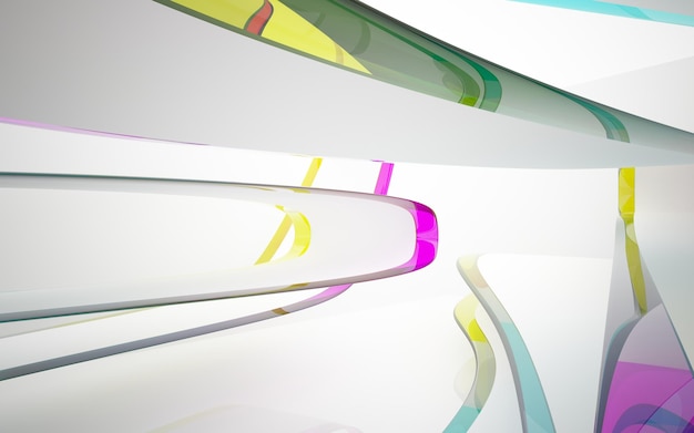 Abstract white and colored gradient glasses interior multilevel public space with window.