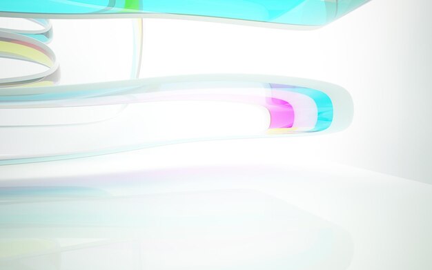 Abstract white and colored gradient glasses interior multilevel public space with window.