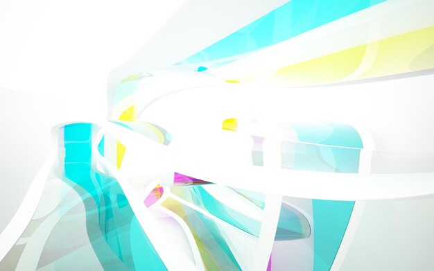 Abstract white and colored gradient glasses interior multilevel public space with window.