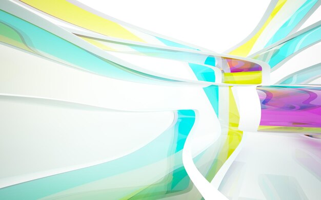 Abstract white and colored gradient glasses interior multilevel public space with window.