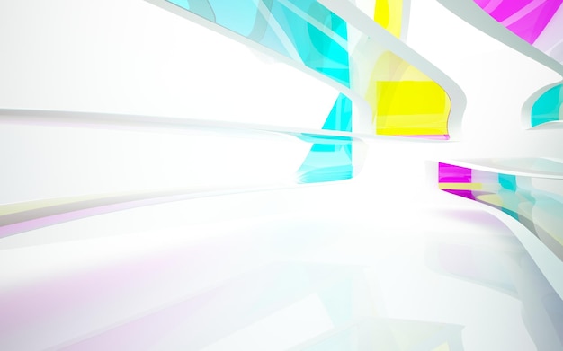 Abstract white and colored gradient glasses interior multilevel public space with window.