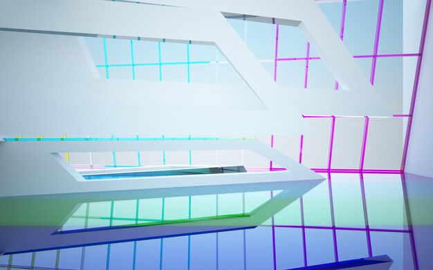 Abstract white and colored gradient glasses parametric interior with window 3D illustration