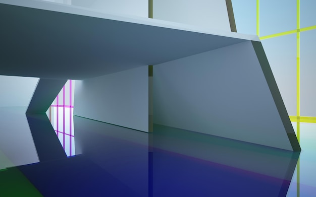 Abstract white and colored gradient glasses parametric interior with window 3D illustration