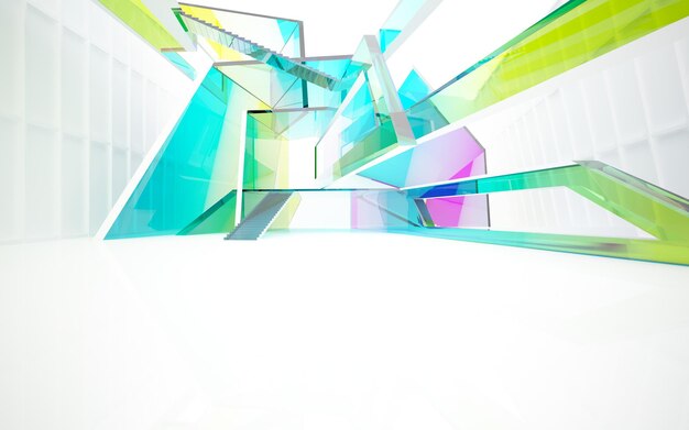 Abstract white and colored gradient glasses parametric interior with window 3D illustration