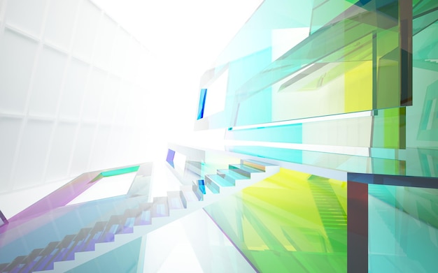 Abstract white and colored gradient glasses parametric interior with window 3D illustration