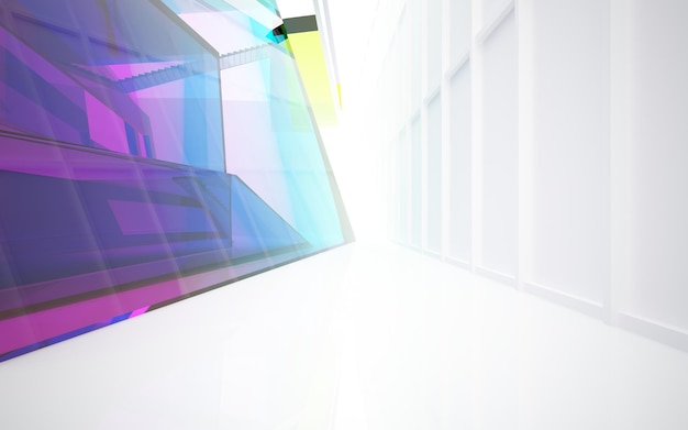 Abstract white and colored gradient glasses parametric interior with window 3D illustration