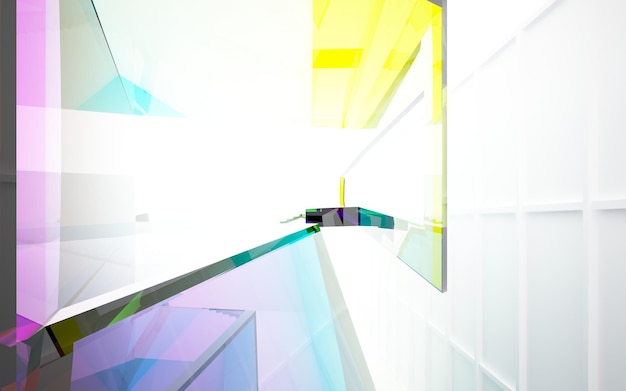 Abstract white and colored gradient glasses parametric interior with window 3D illustration