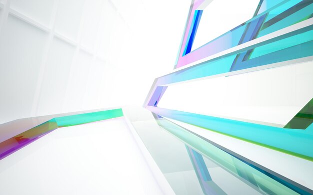 Abstract white and colored gradient glasses parametric interior with window 3D illustration