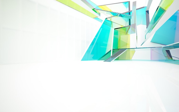 Abstract white and colored gradient glasses parametric interior with window 3D illustration