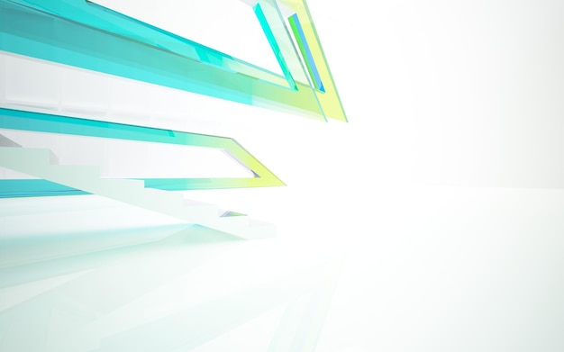 Abstract white and colored gradient glasses parametric interior with window 3D illustration