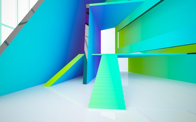 Abstract white and colored gradient glasses parametric interior with window 3D illustration