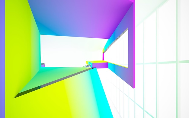 Abstract white and colored gradient glasses parametric interior with window 3D illustration