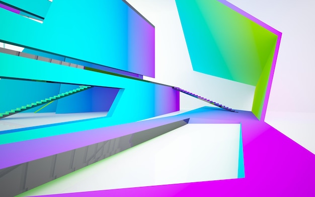 Abstract white and colored gradient glasses parametric interior with window 3D illustration