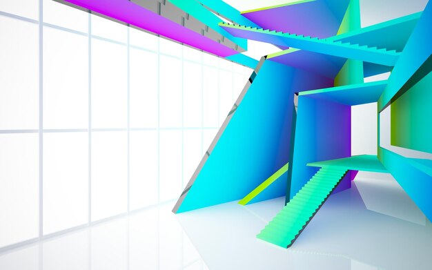 Abstract white and colored gradient glasses parametric interior with window 3D illustration