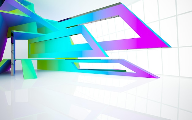 Abstract white and colored gradient glasses parametric interior with window 3D illustration