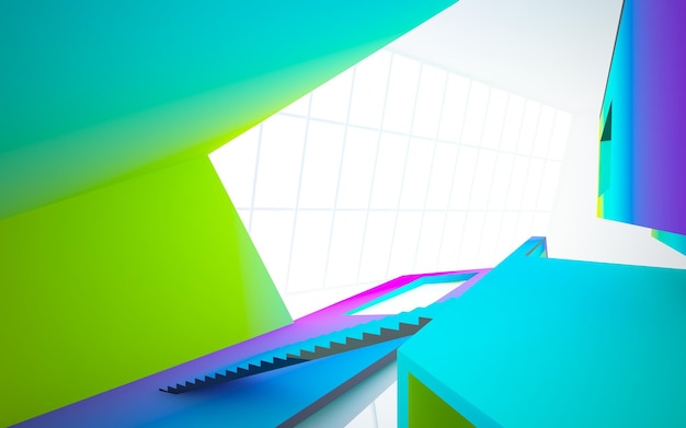 Abstract white and colored gradient glasses parametric interior with window 3D illustration