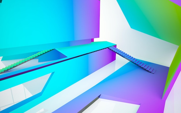 Abstract white and colored gradient glasses parametric interior with window 3D illustration