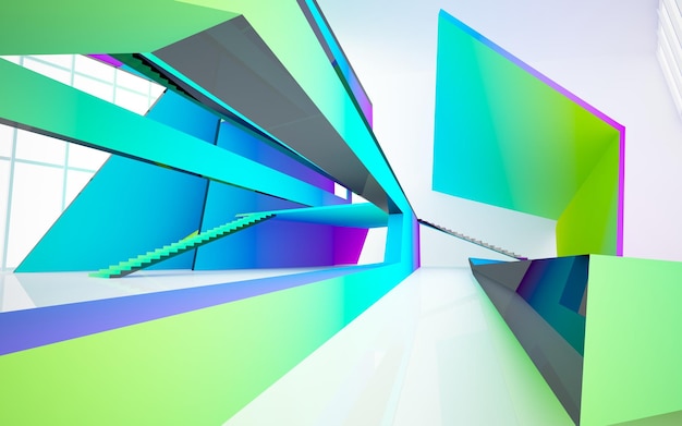 Abstract white and colored gradient glasses parametric interior with window 3D illustration