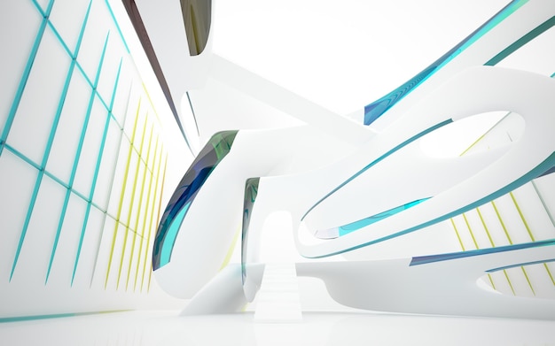 Abstract white and colored gradient glasses parametric interior with window 3D illustration