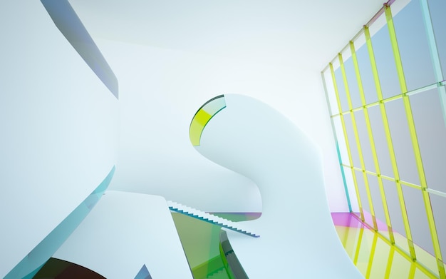 Abstract white and colored gradient glasses parametric interior with window 3D illustration