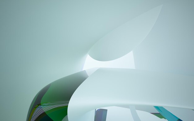 Abstract white and colored gradient glasses parametric interior with window 3D illustration