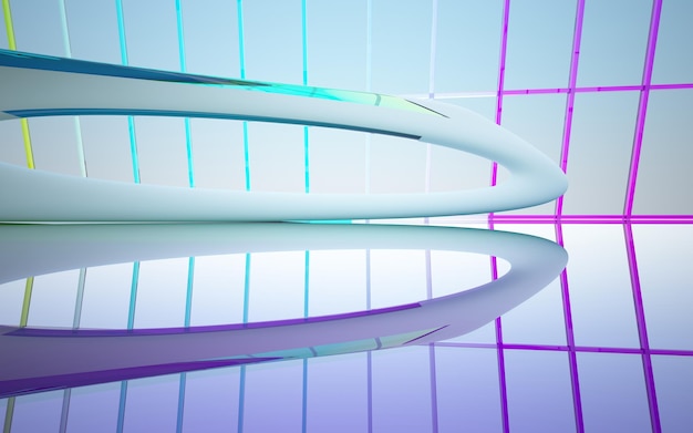 Abstract white and colored gradient glasses parametric interior with window 3D illustration