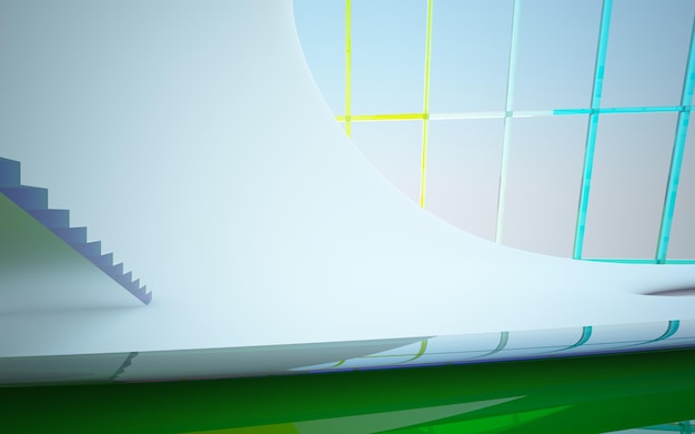 Abstract white and colored gradient glasses parametric interior with window 3D illustration