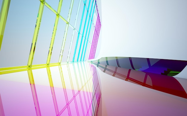 Abstract white and colored gradient glasses parametric interior with window 3D illustration